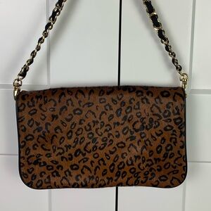 Ann Taylor Loft Purse Clutch Calf Hair Leopard Black Chain Strap